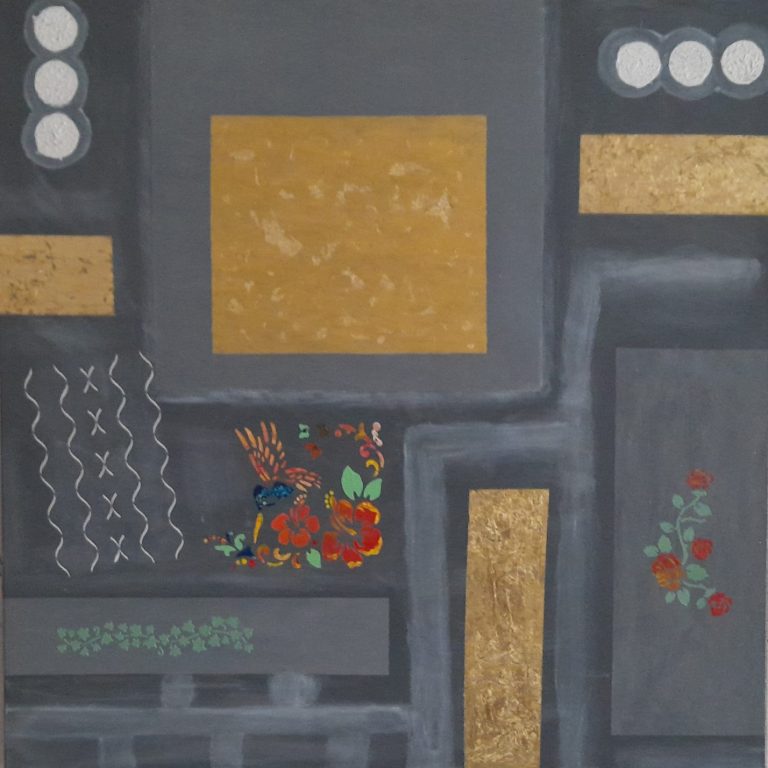 Abstrakte Natur - Kunst Kubo Abstrakte Komposition mit goldenen und bunten Elementen auf grauem Hintergrund.