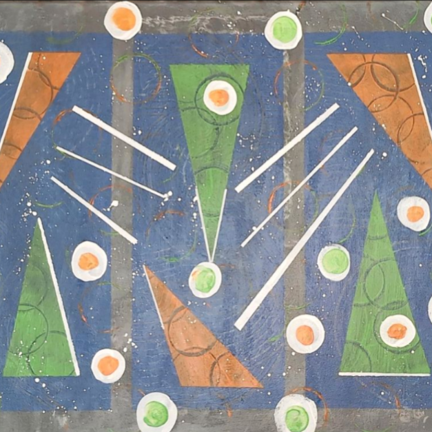 Kraft der Natur - Kunst Kubo Abstrakte Komposition mit bunten geometrischen Formen auf blauem Hintergrund.