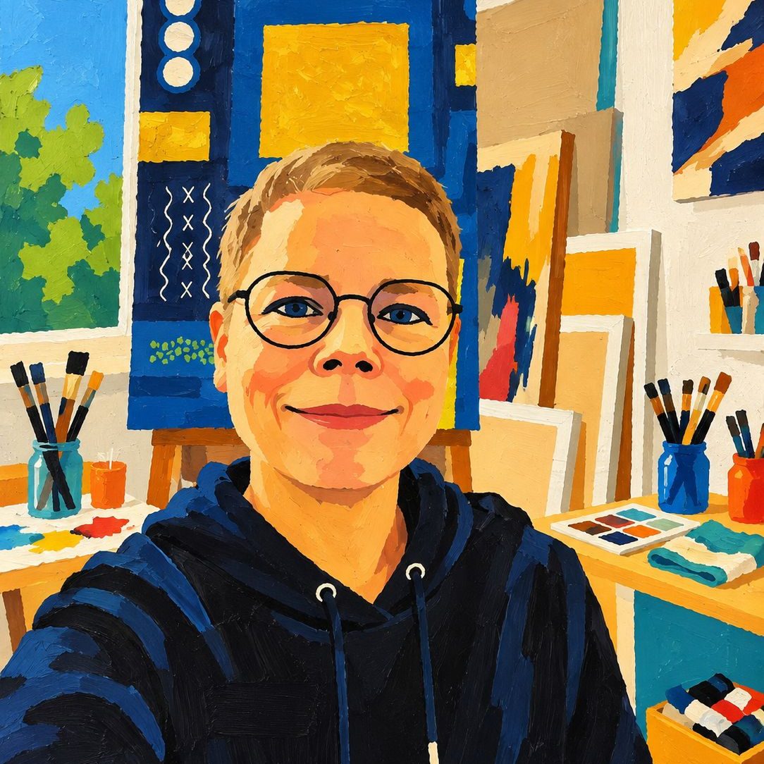 Jana Kubo im Atelier Jana Kubo vor ihrer Staffelei mit einem abstrakten Acrylbild in Blau und Orange, Gold, Gelb